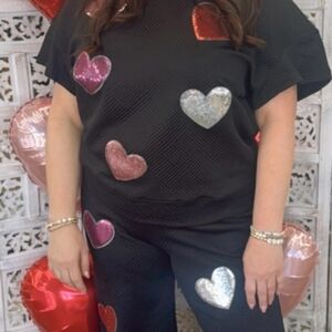 Black Top and Pants Set with Heart Accents
